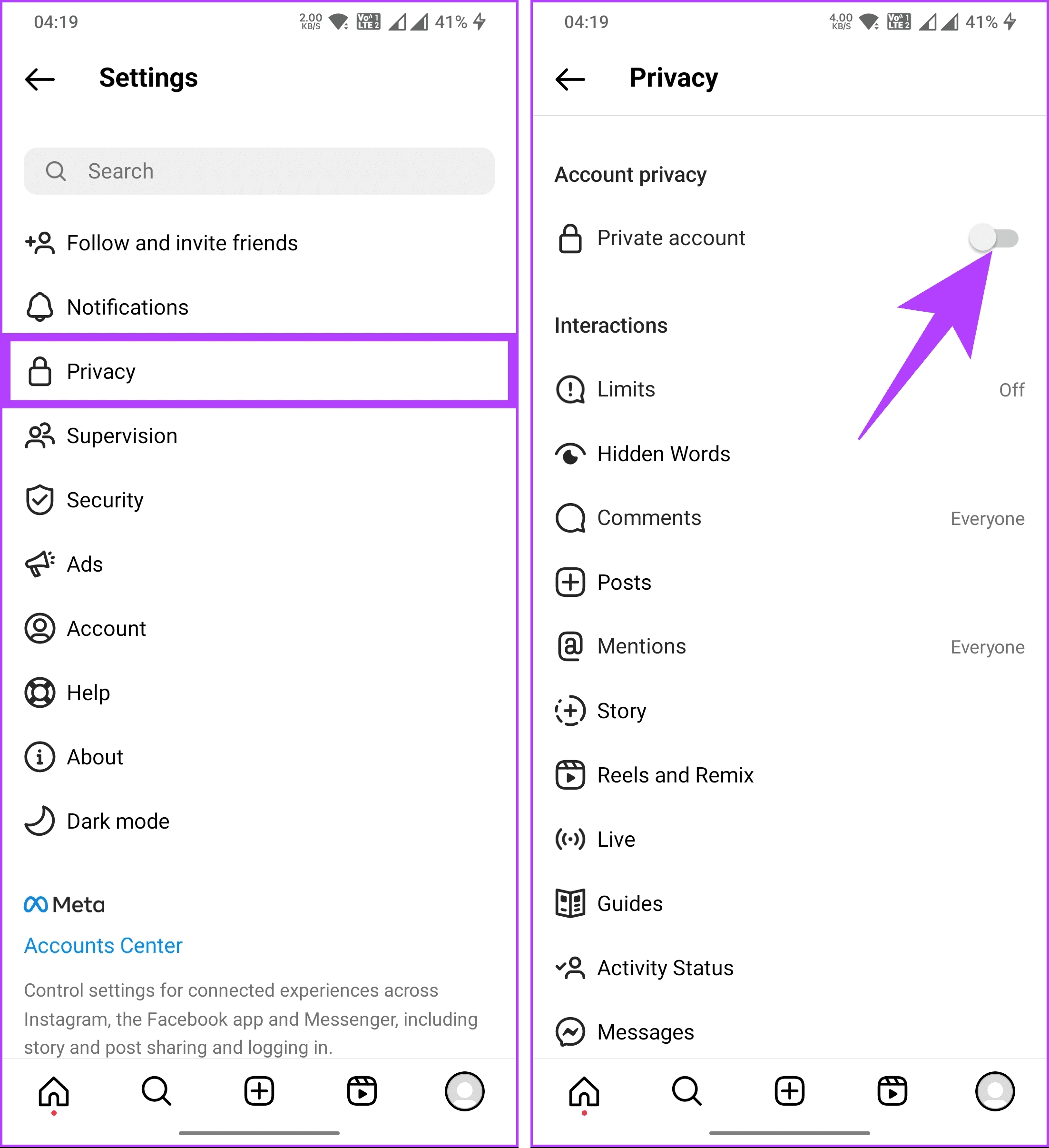 toggle on the Private account button