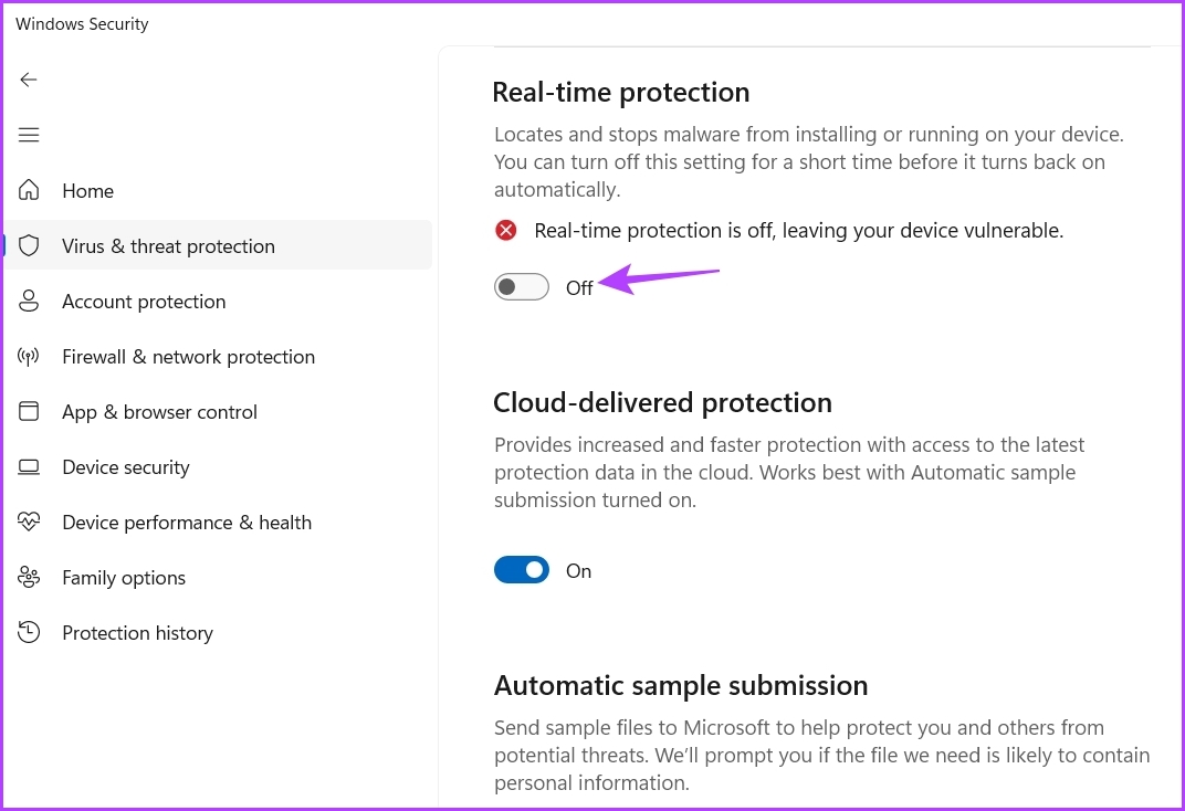 Real-time protection option in Windows Security