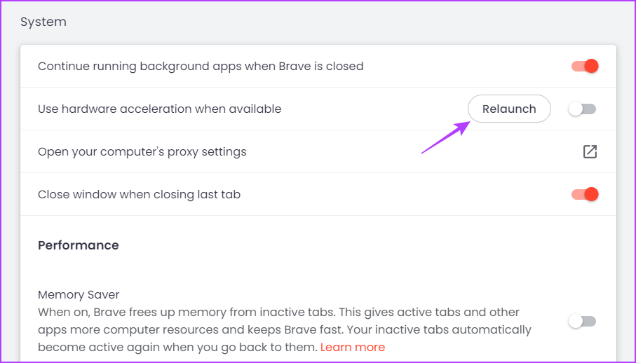 Relaunch option of Brave