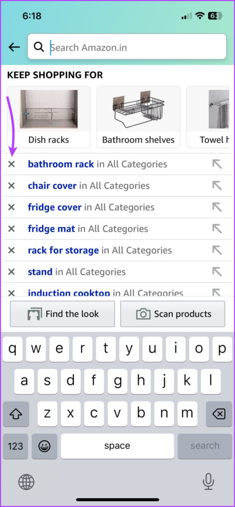 Tap X to clear Amazon Search history 