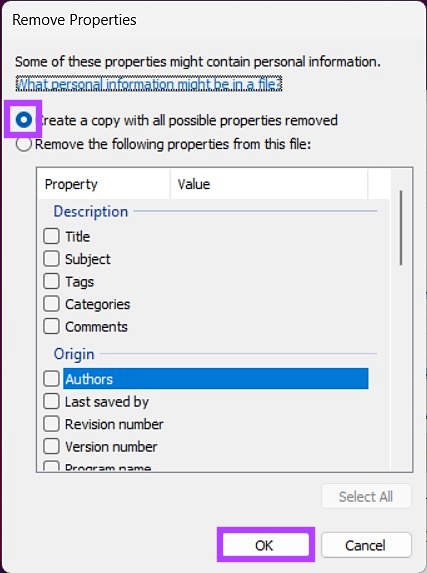 Marque la opción 'Crear una copia con todos los atributos posibles eliminados'