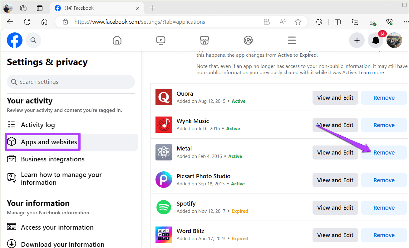 Remove Third Party Website Access for Facebook Account