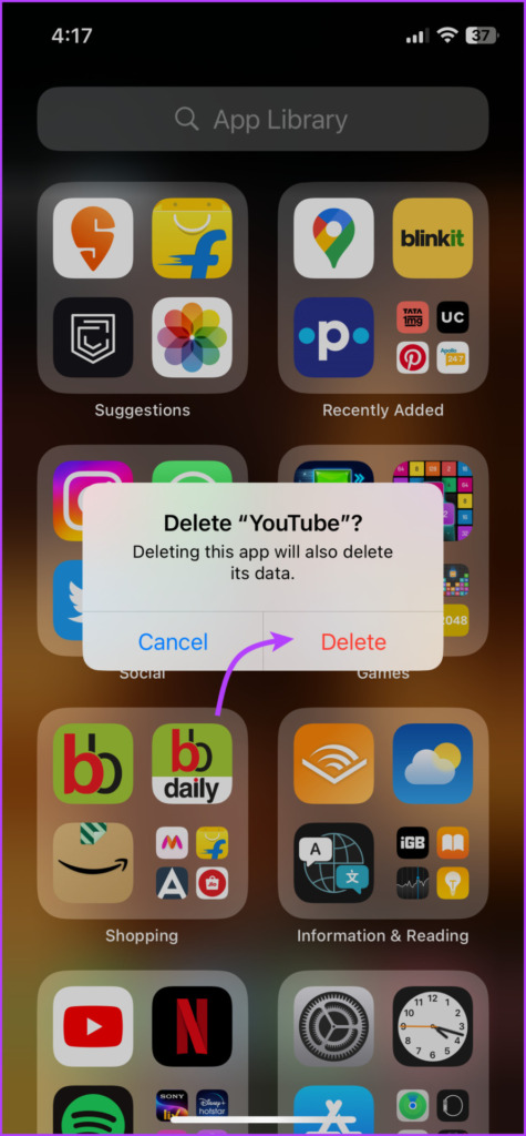 Tap delete to remove the app from iPhone