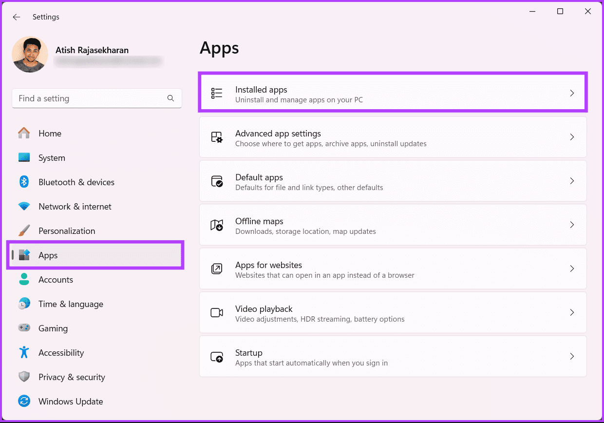 Select apps from the settings
