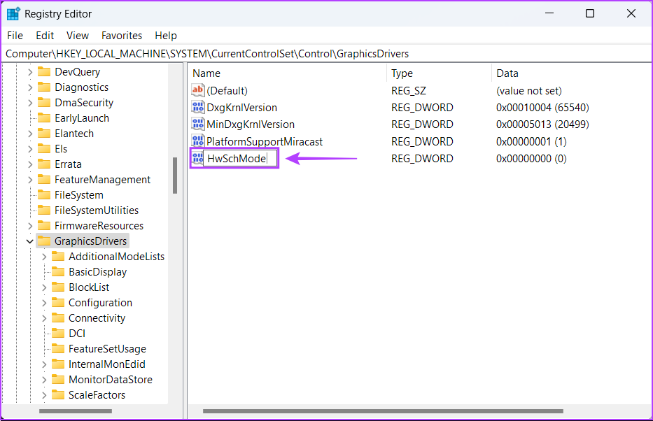 adding new entry HwSchMode in registry editor
