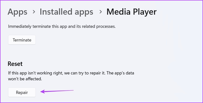 Repair option of Media Player