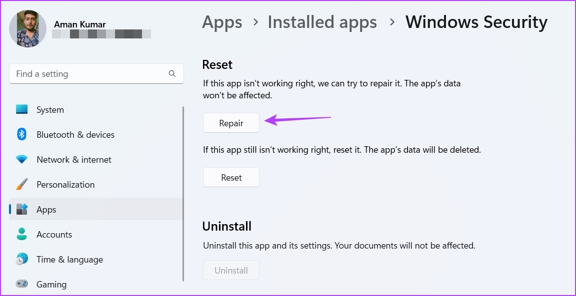 Opción de reparación para reparar la aplicación de seguridad de Windows