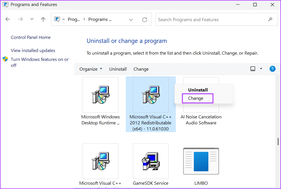 Programs and feature window