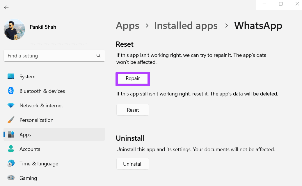 Repair WhatsApp on Windows 11 