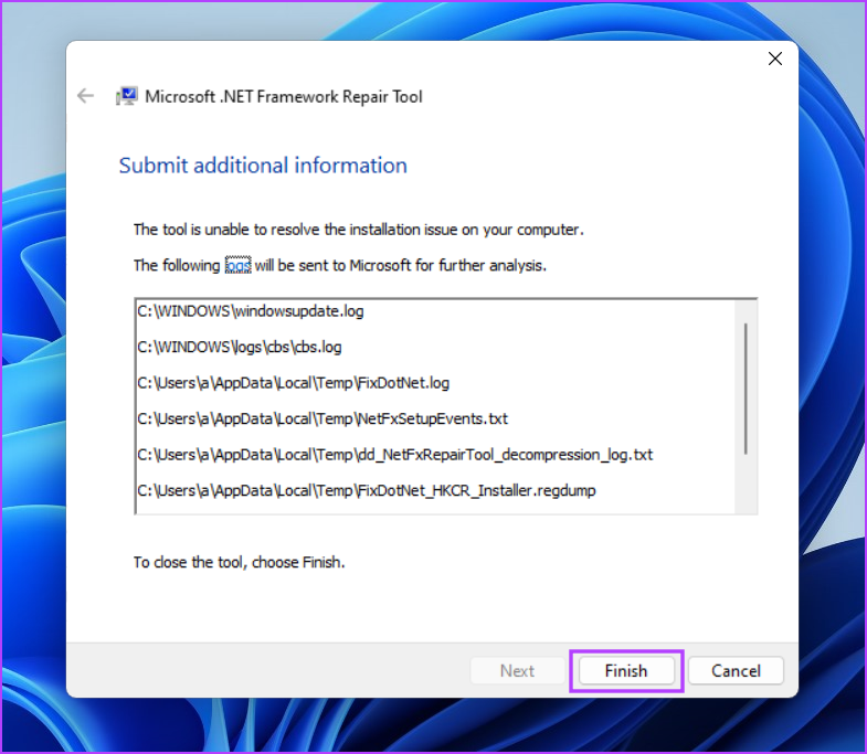 Microsoft .NET Framework Repair Tool window