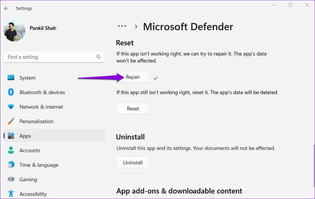 Repair the Microsoft Defender App on Windows