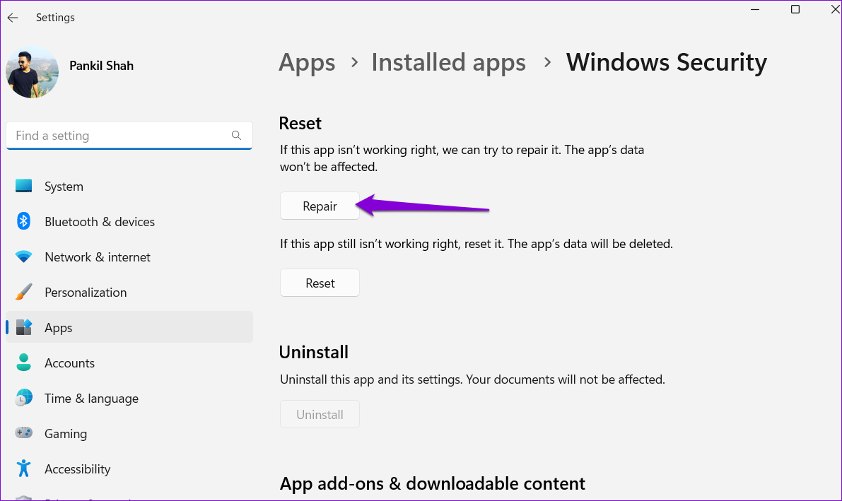 Repair the Windows Security App in Windows