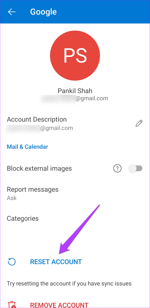 Reset Account in Outlook App