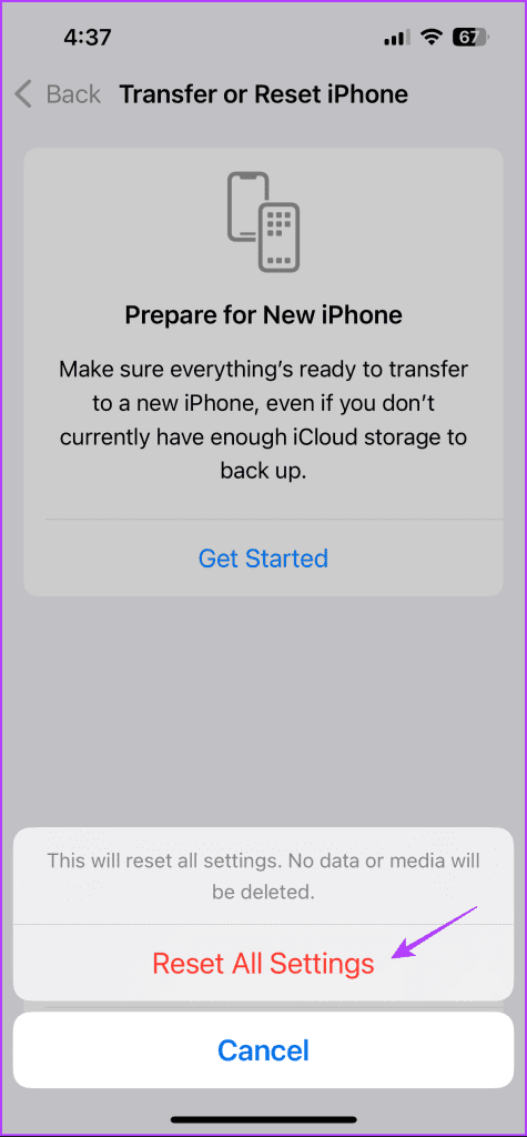 Reset All Settings option