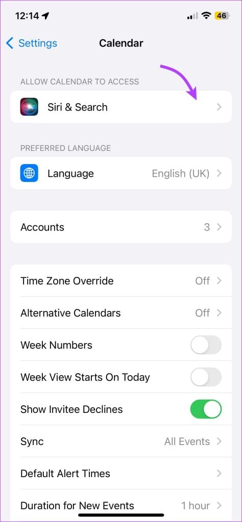 Go to Settings → Calendar → Siri and Search