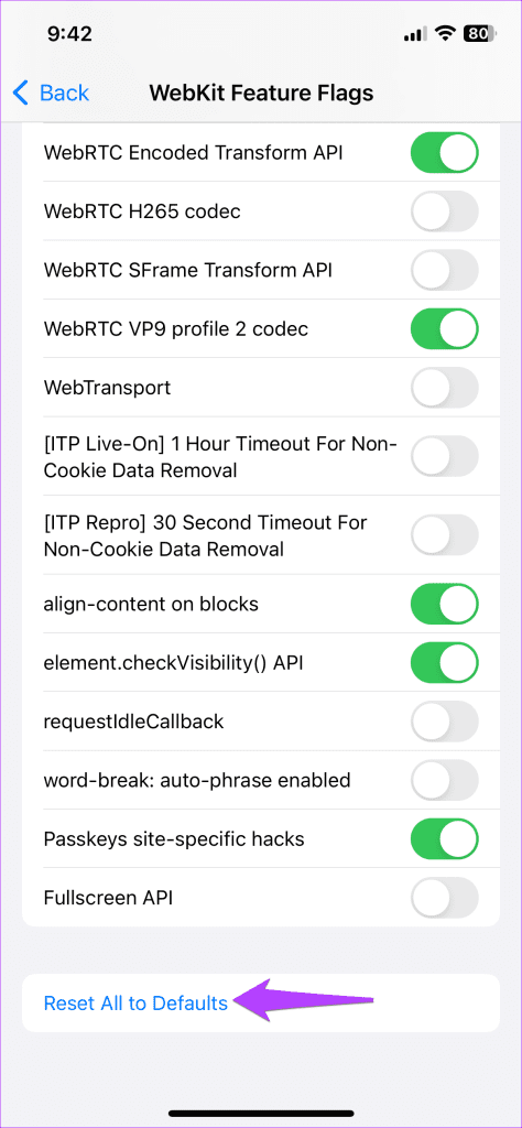 Reset Experimental Features in Safari