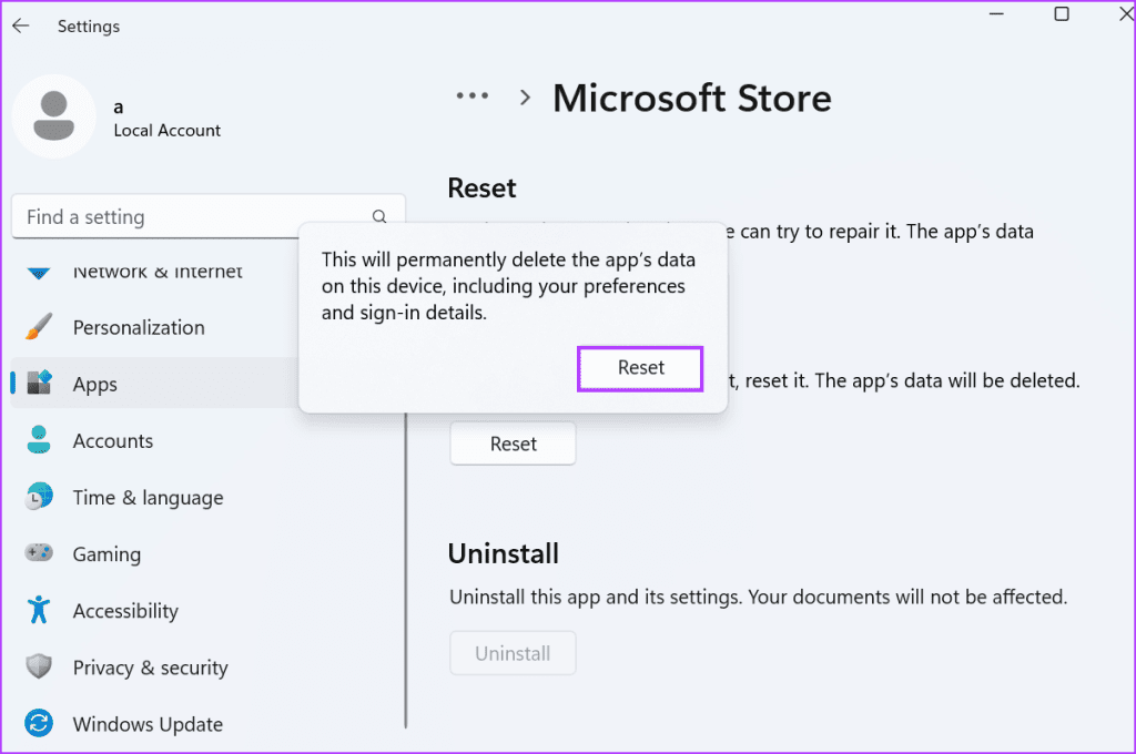 Reset Microsoft Store Using Advanced Settings