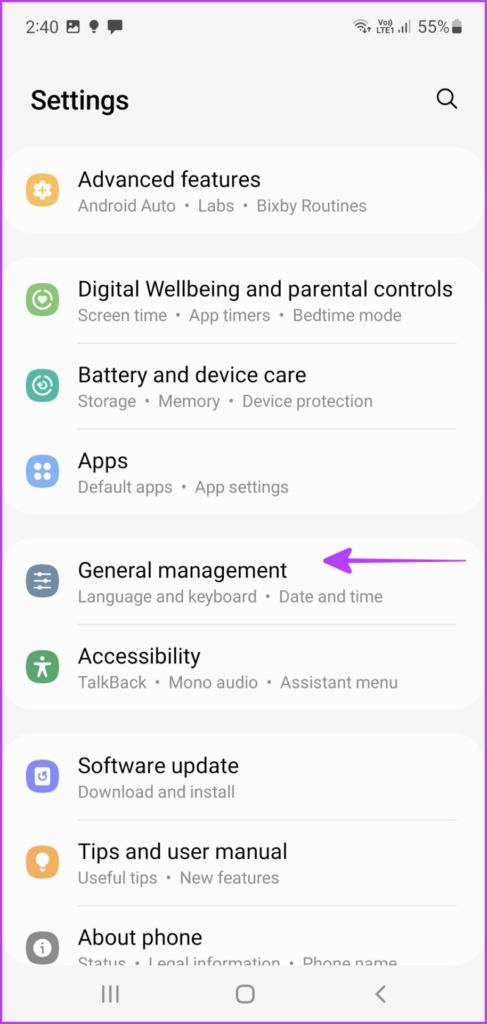 Go to General Management to reset Android phone
