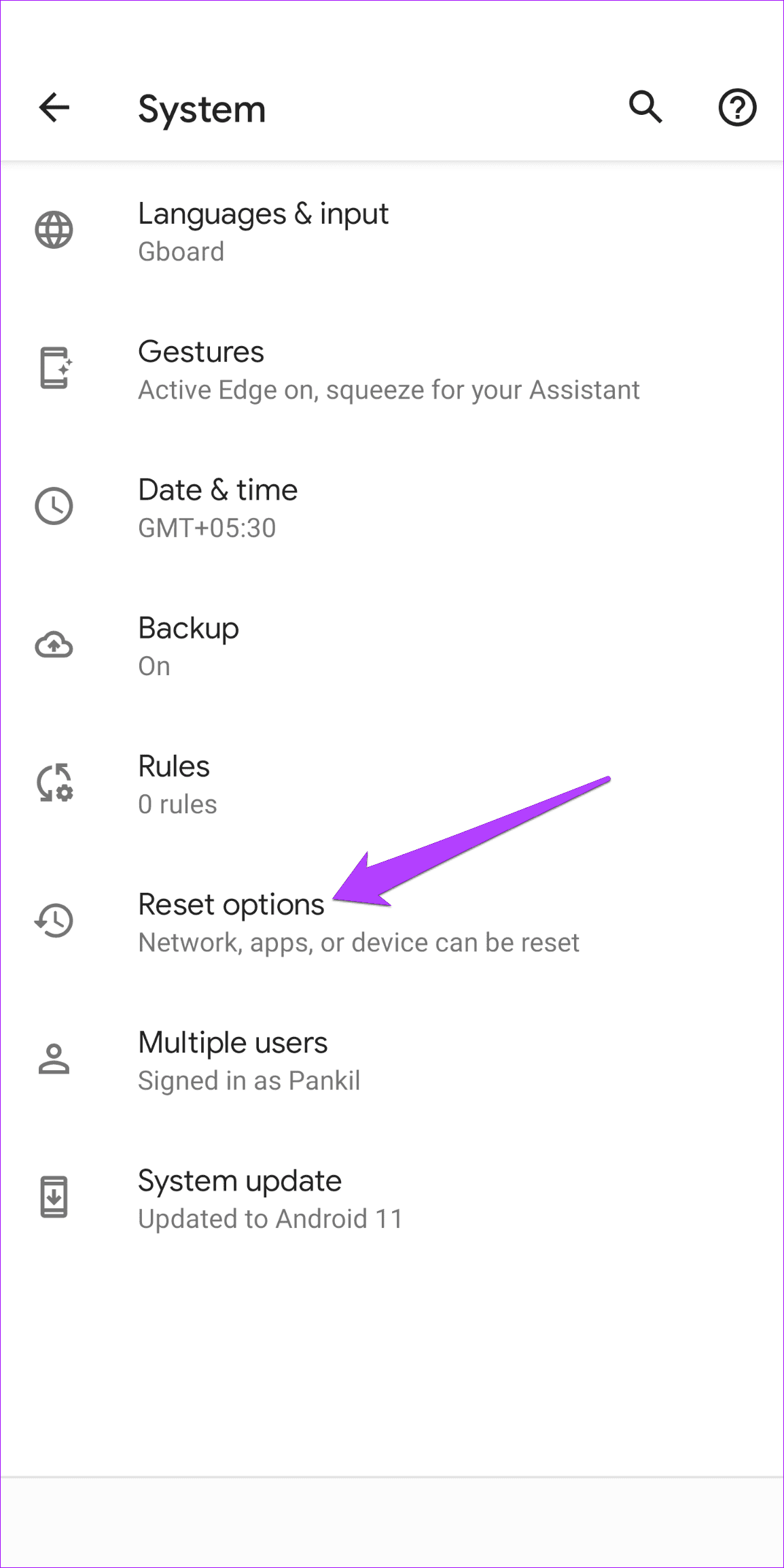 Reset Options on Android
