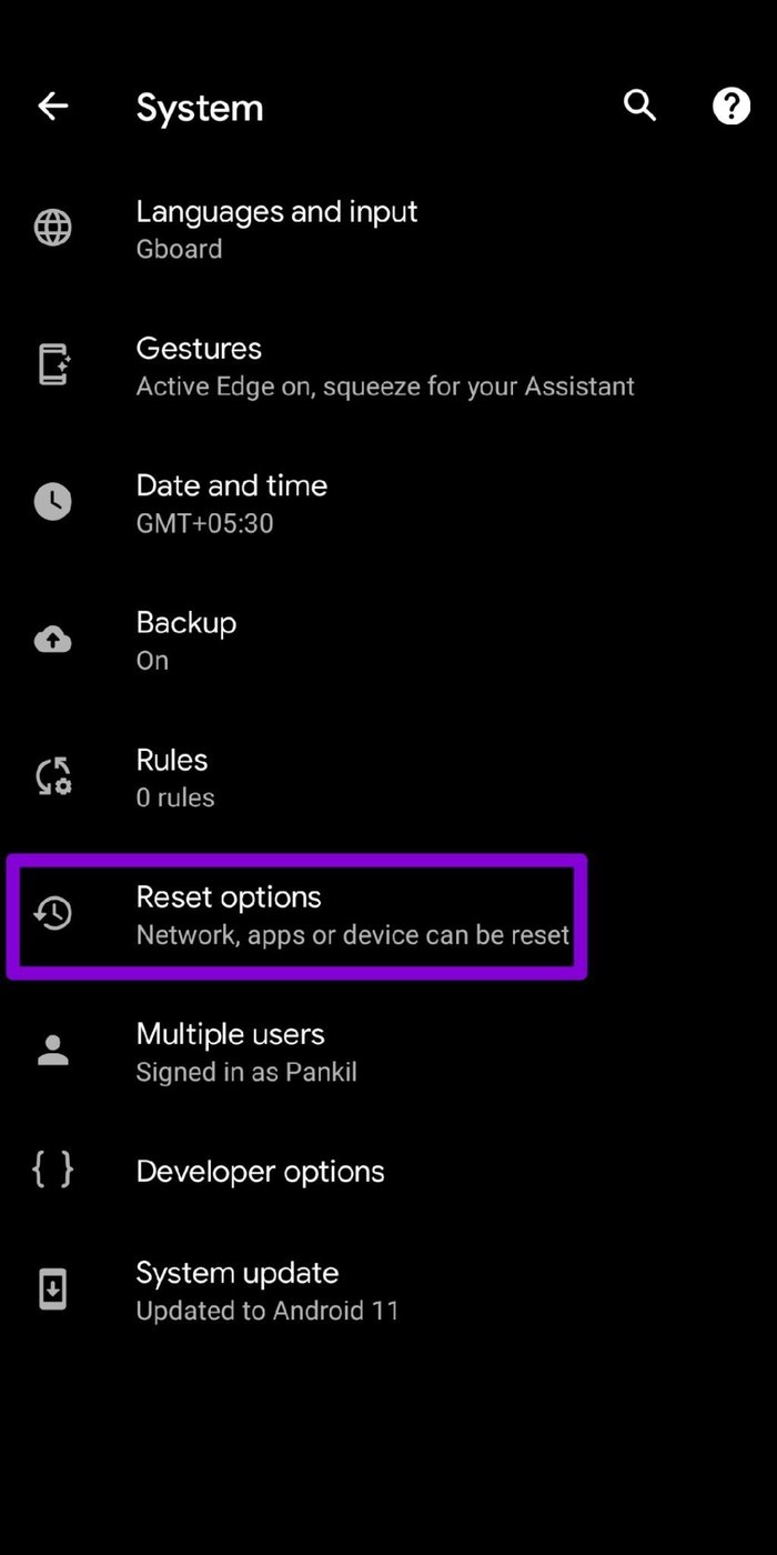 Reset Options on Android
