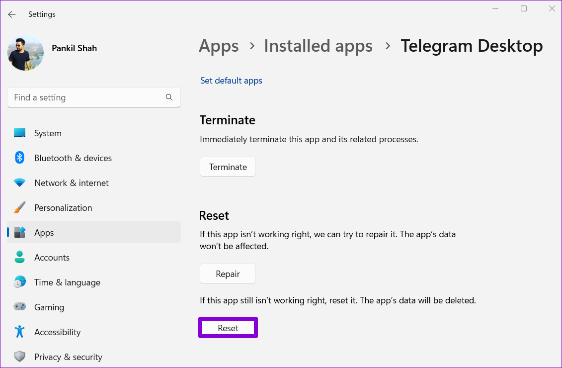 Reset Telegram App on Windows
