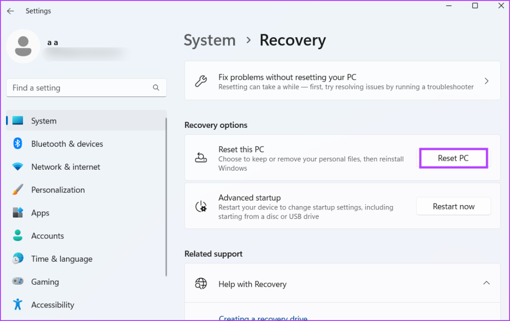 Recovery page in settings