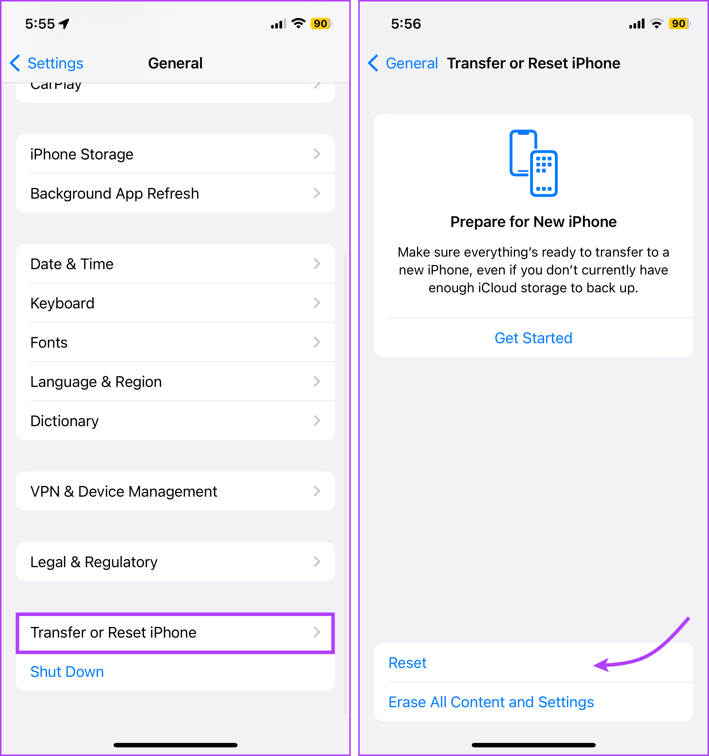 Tap Transfer or Reset iPhone and then Reset