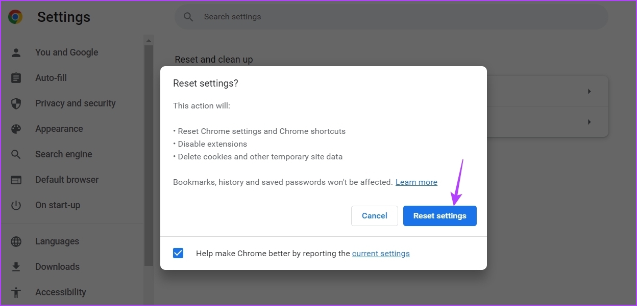 Reset settings option in Chrome