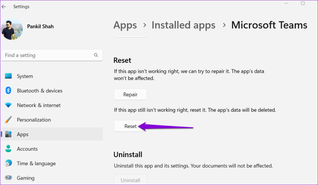 Reset the Teams App on Windows