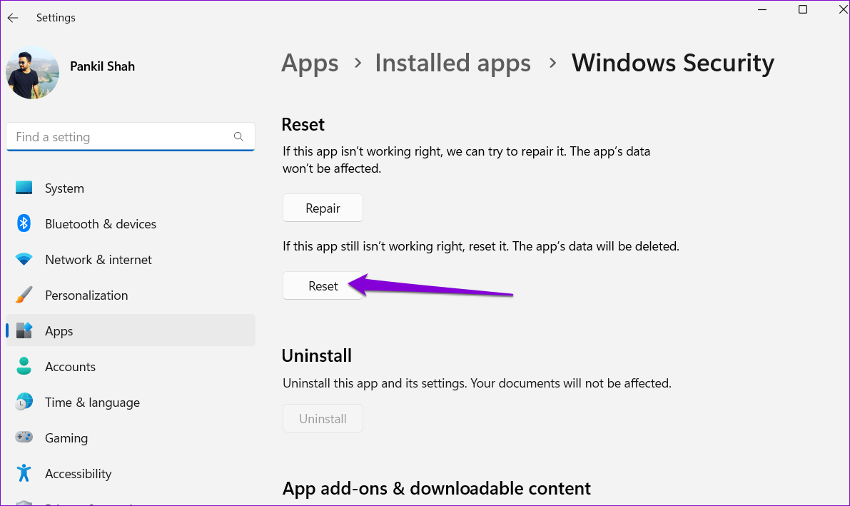 Reset the Windows Security App in Windows