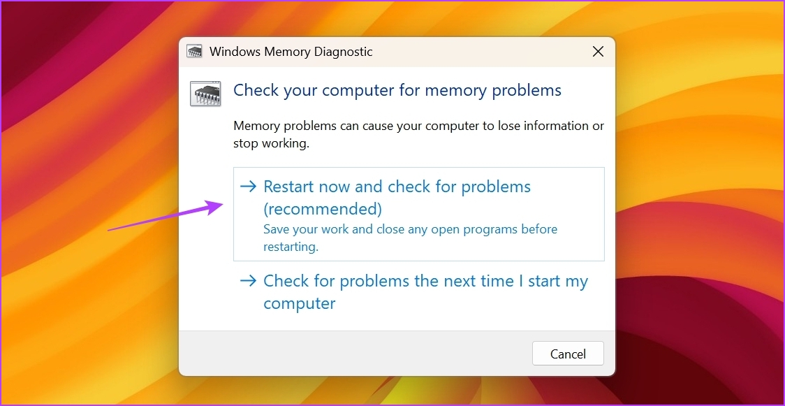 Restart Now and check for the problems option on desktop
