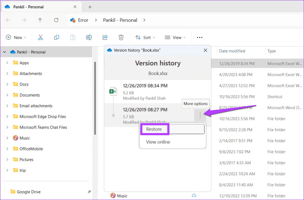 Restore Excel File on Windows