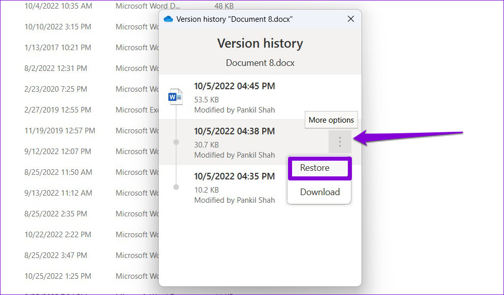 Restore a Previous Version of Word File