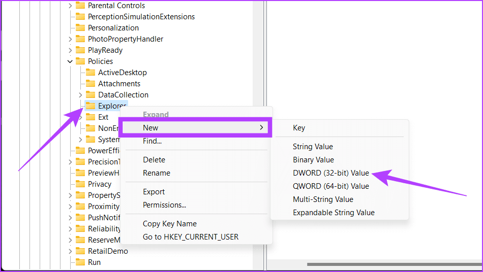 Right click on Explore folder select New and choose the DWORD 32 bit Value