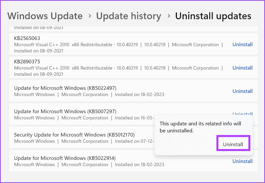 uninstall Windows update 