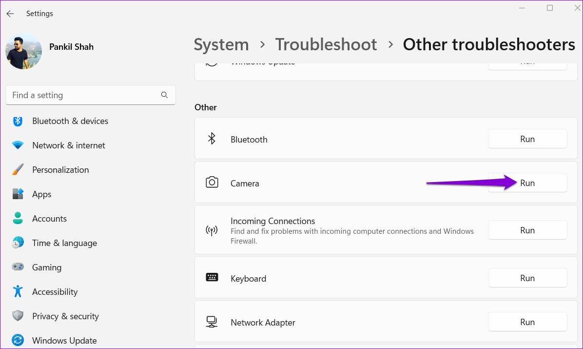 Run Camera Troubleshooter on Windows 11