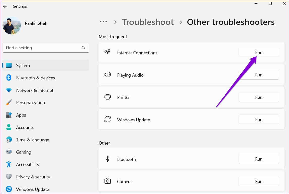 Run Internet Connections Troubleshooter