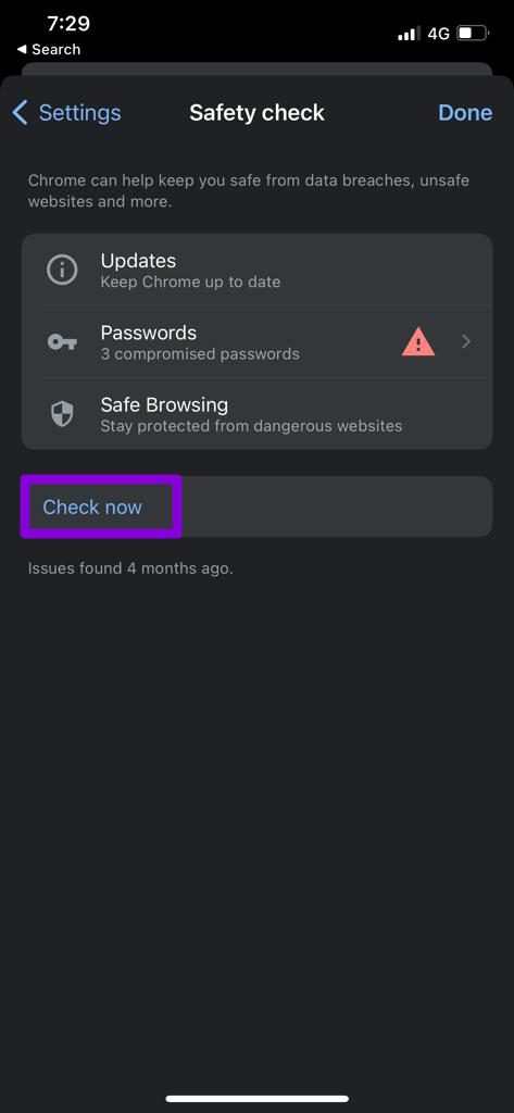 Esegui il controllo di sicurezza in Chrome per iOS