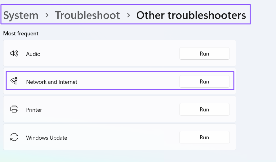 Run network and internet troubleshooter in Windows settings