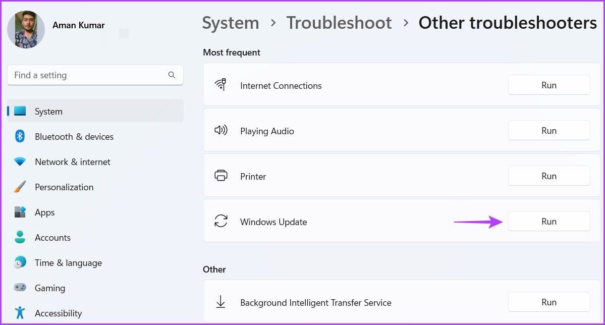 Run option for Windows Troubleshooter