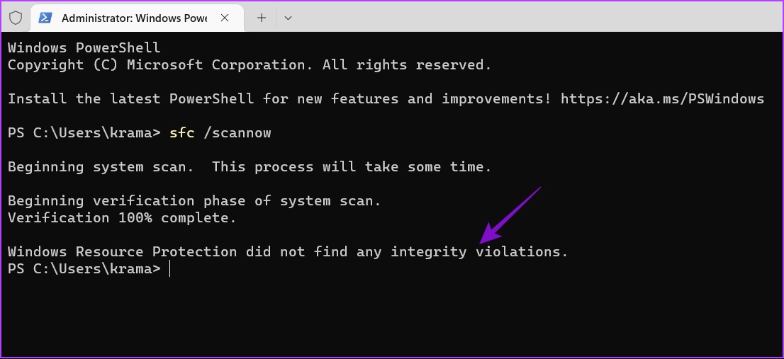 SFC scan message in the Command prompt