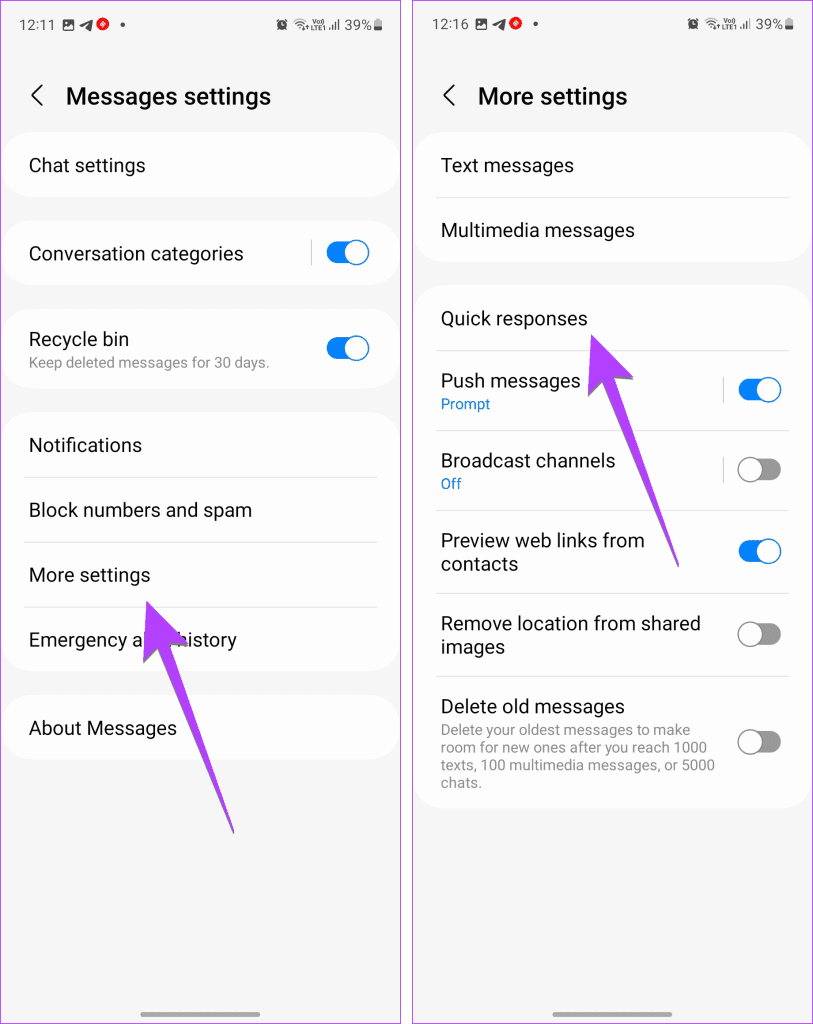 Samsung Messages Settings Quick Responses
