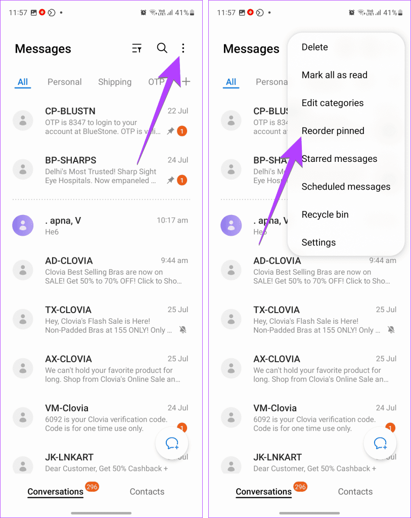 Samsung Messages reorder Pinned