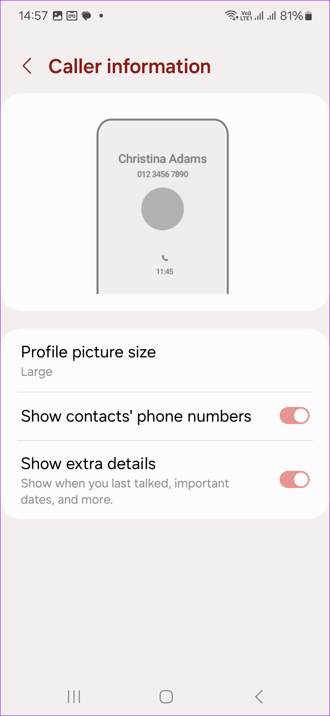 Show contacts' phone numbers, and Show extra details.