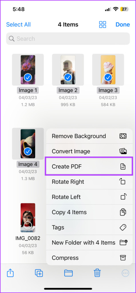 Select Create PDF to convert the photos into PDF