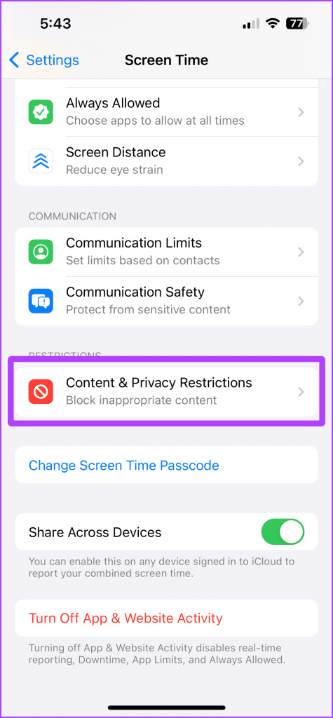 Screen Time Settings Page iPhone