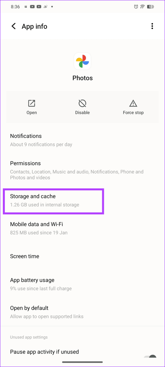 configure Google Photos storage and cache