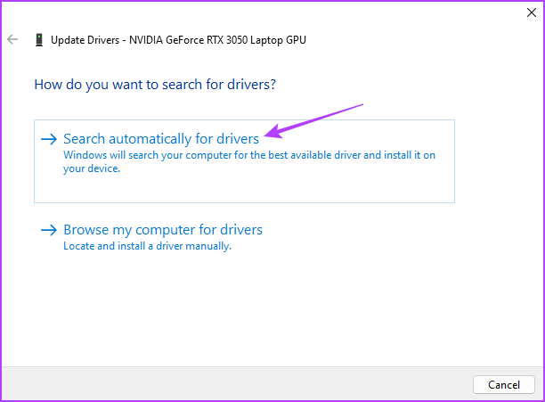 Search automatically for drivers option in Device Manager