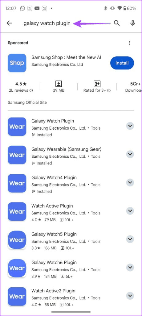 Search for Galaxy Watch Plugin
