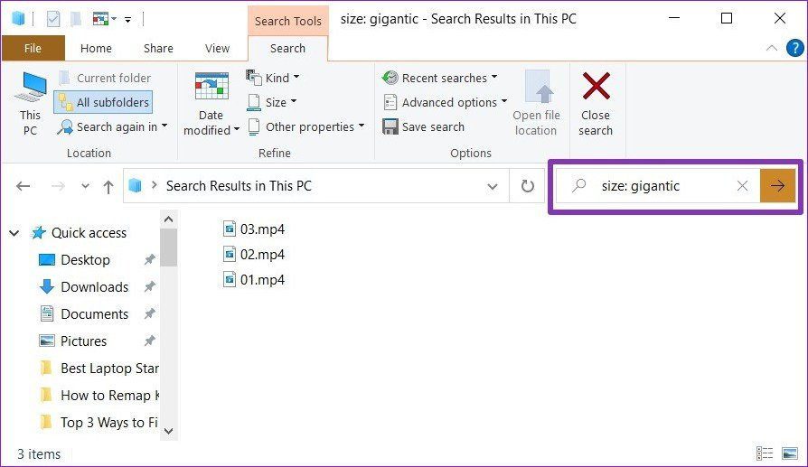 Search for Gigantic files in File Explorer